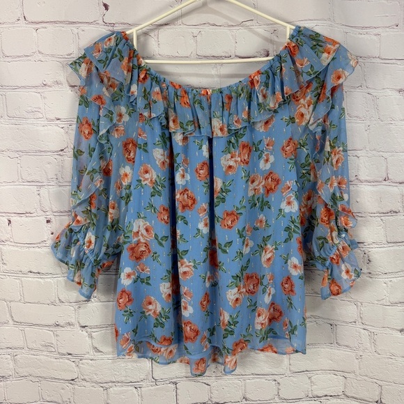 Multicolored Ruffled Puff Sleeve 3/4 Blouse Flowy lightweight pastel plus 22/24 - Picture 4 of 8